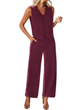 Women's Wine Red Polyester Two Piece Button V Neck Wide Leg Pants Suit Blazer